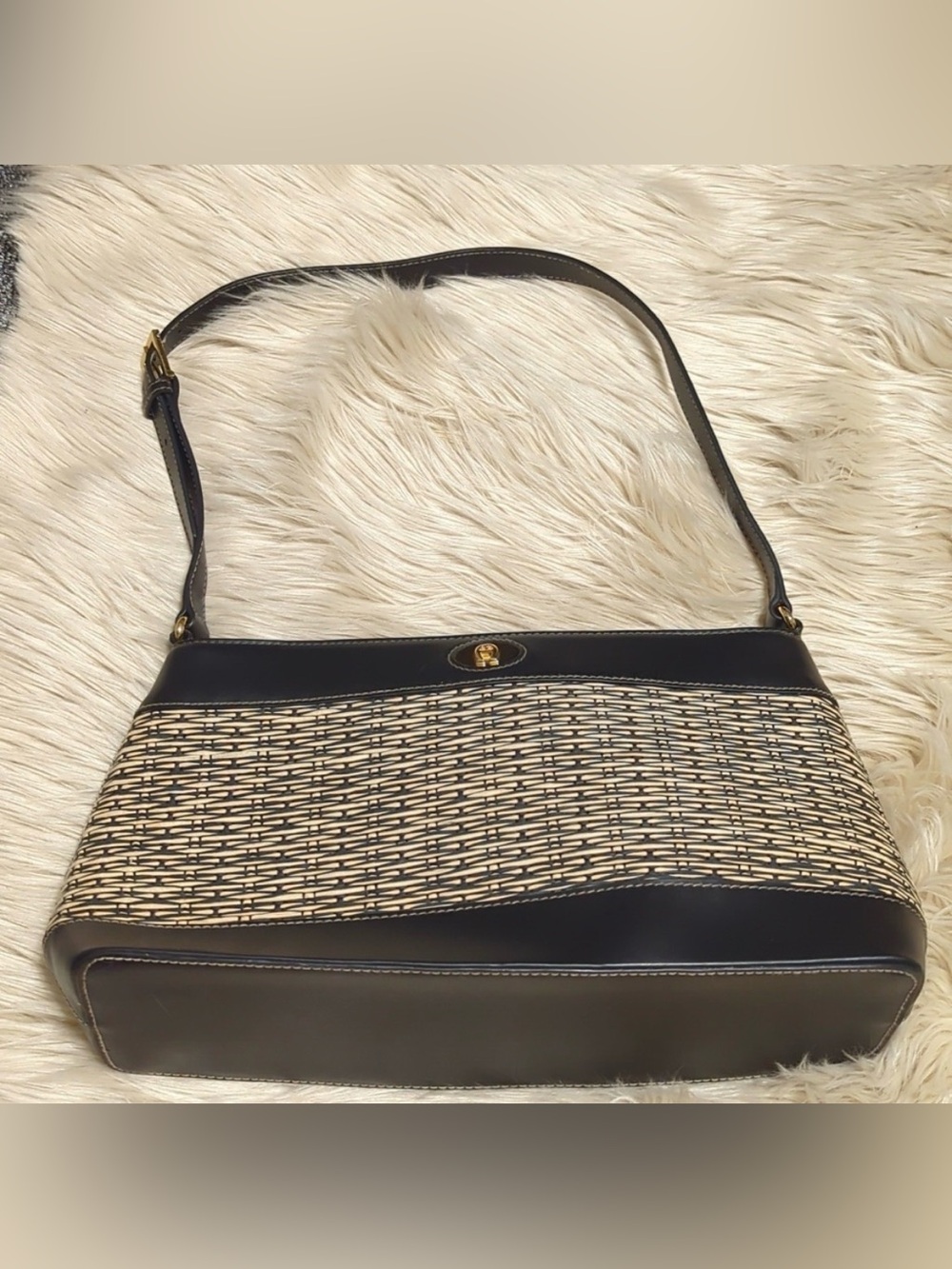 Vintage Etienne Aigner Woven Shoulder Bag Black & Tan Equestrian Purse